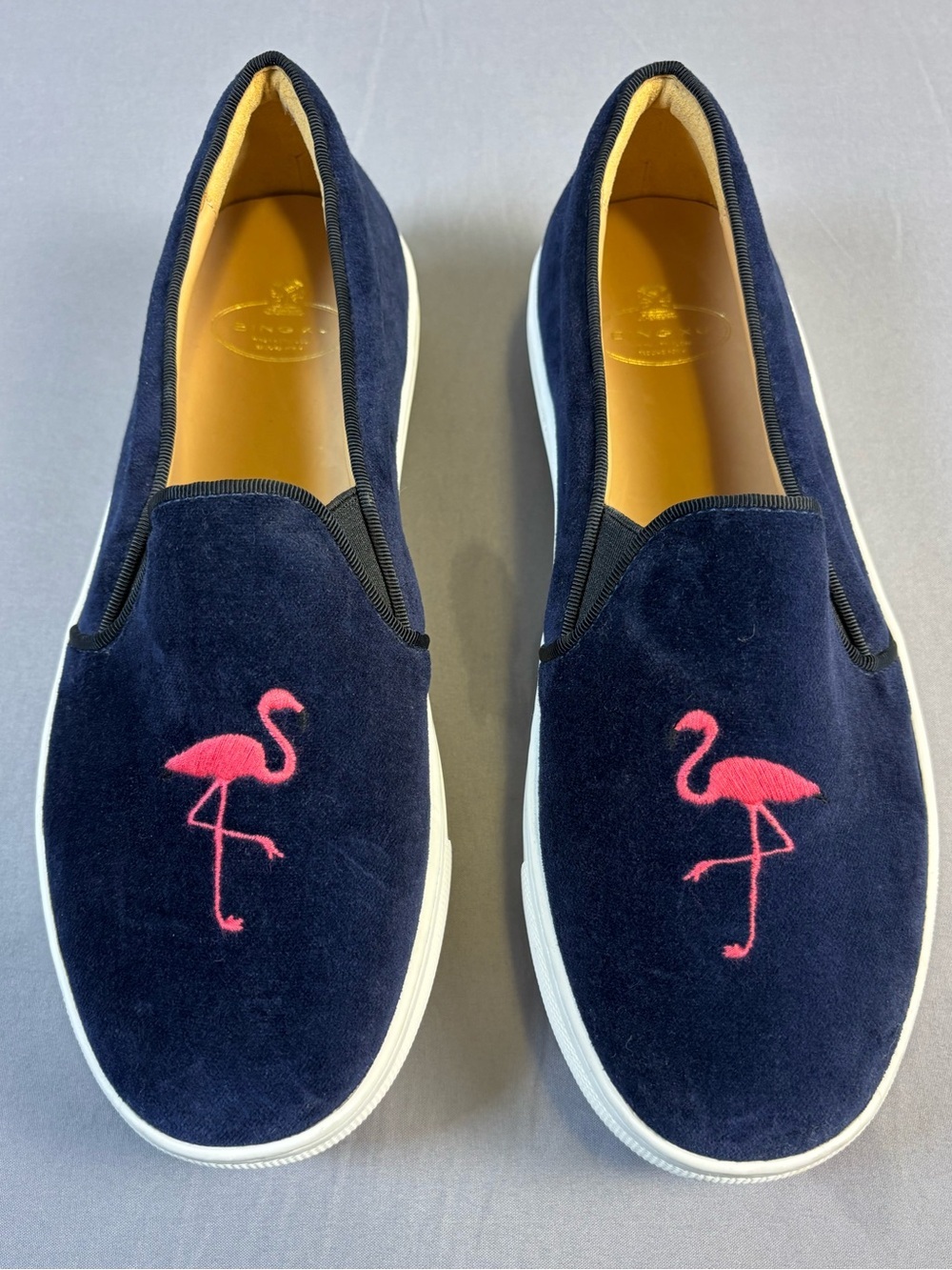 Bing Xu Brand New Navy Velvet Slip-On Sneakers with Flamingo Embroidery Size 39 - Picture 2 of 9